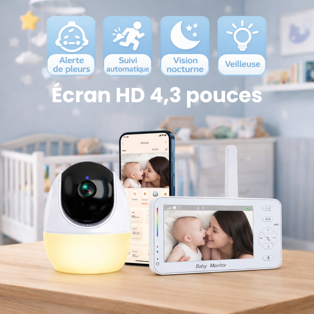 Babyphone vidéo sans WiFi – écran 4,3 pouces, caméra rotative