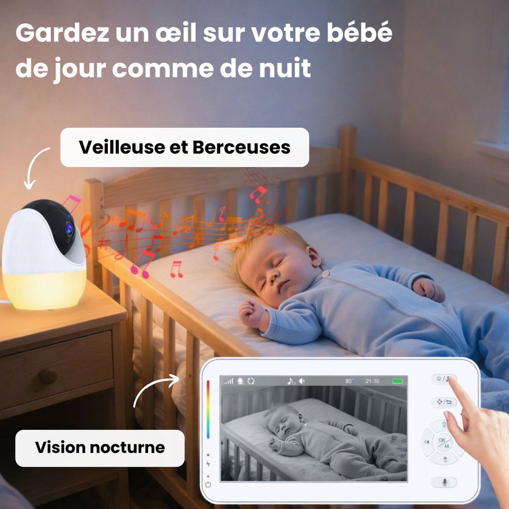Babyphone vidéo sans WiFi – écran 4,3 pouces, caméra rotative