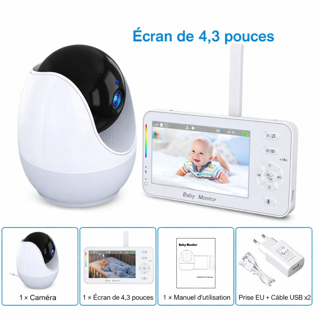 Babyphone vidéo sans WiFi – écran 4,3 pouces, caméra rotative